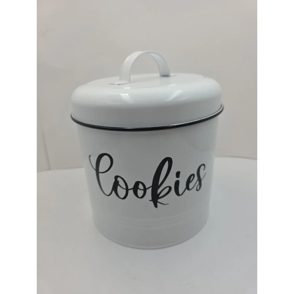Farmhouse White‎ Metal Cookie Jar Canister Rustic Kitchen Counter Storage Tin